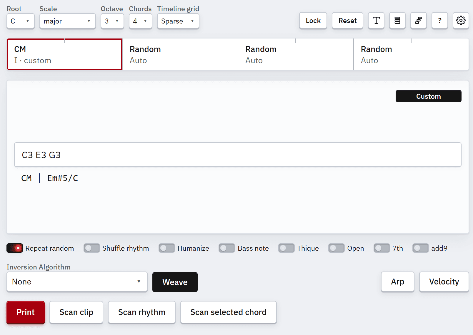 Chordprinter 2 with custom chord note input highlighted