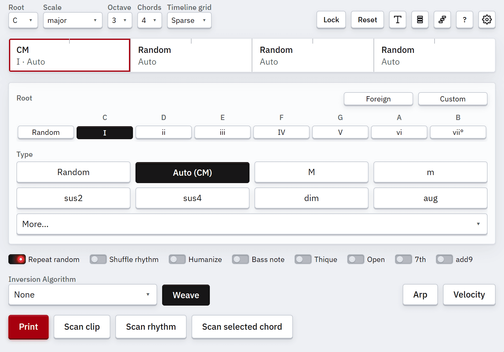 Chordprinter 2 with root and chord type selection highlighted