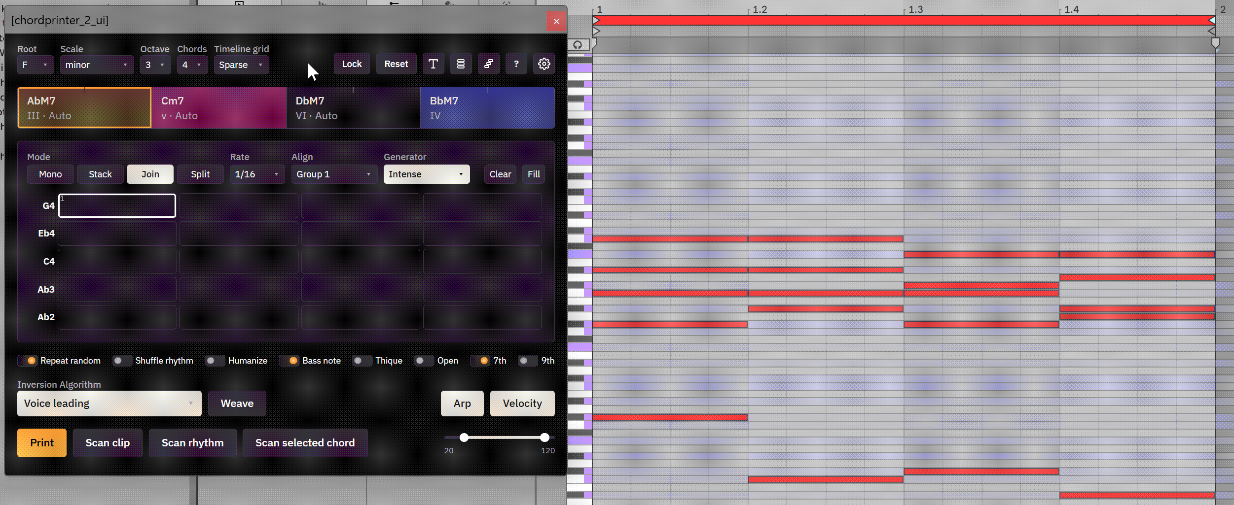 Choosing an arp generator and clicking Fill to build a pattern