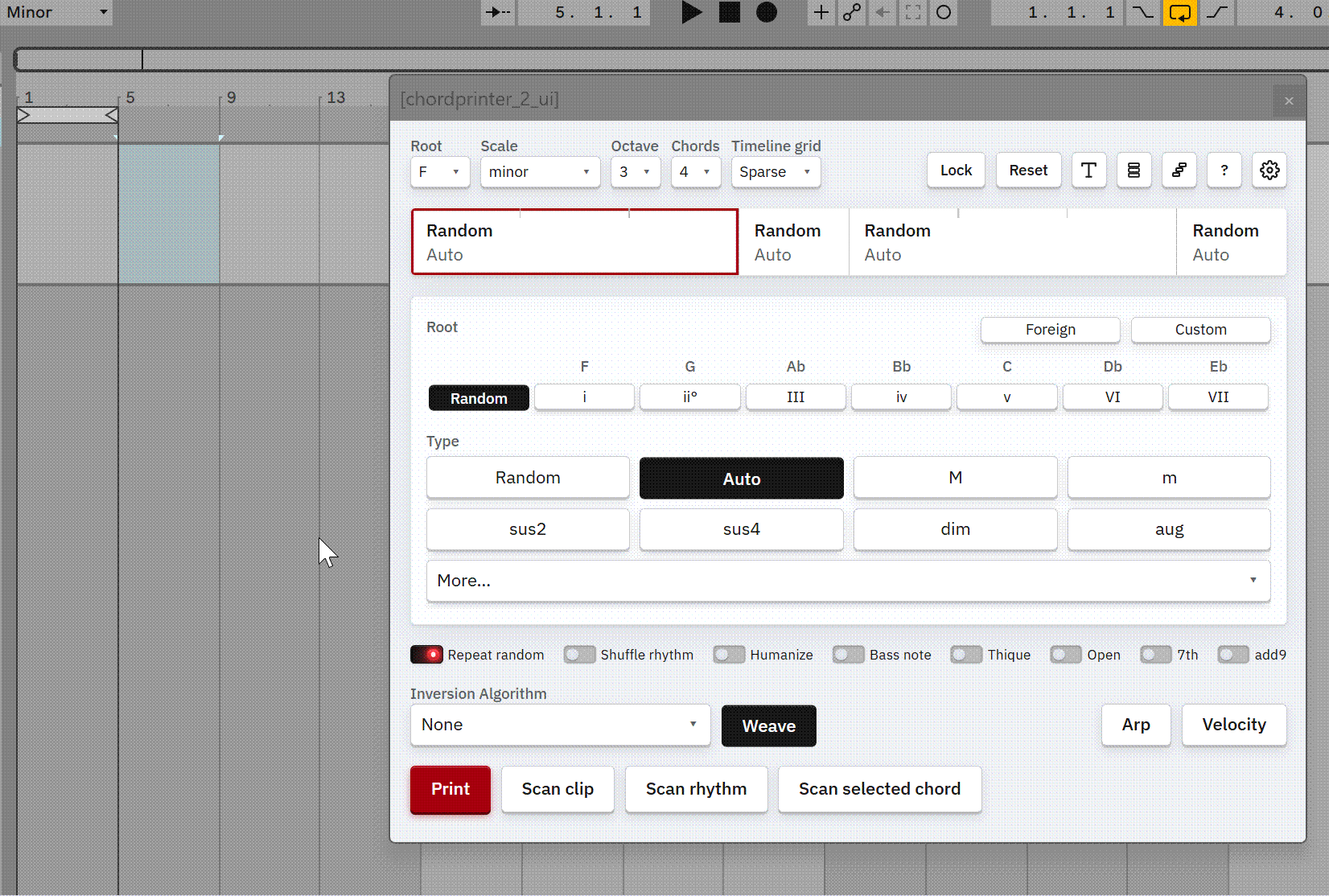 Clicking Print to write a chord progression into the selected clip